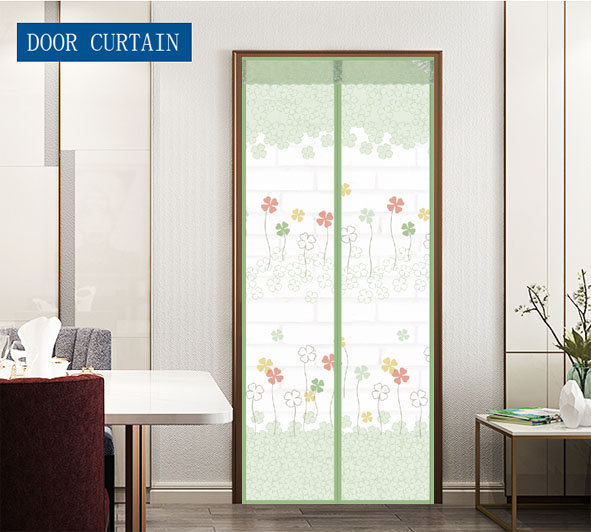 Wholesale and customization Polyester Printing Magnetic Screen Door Curtain Grass Four leaf clover Green